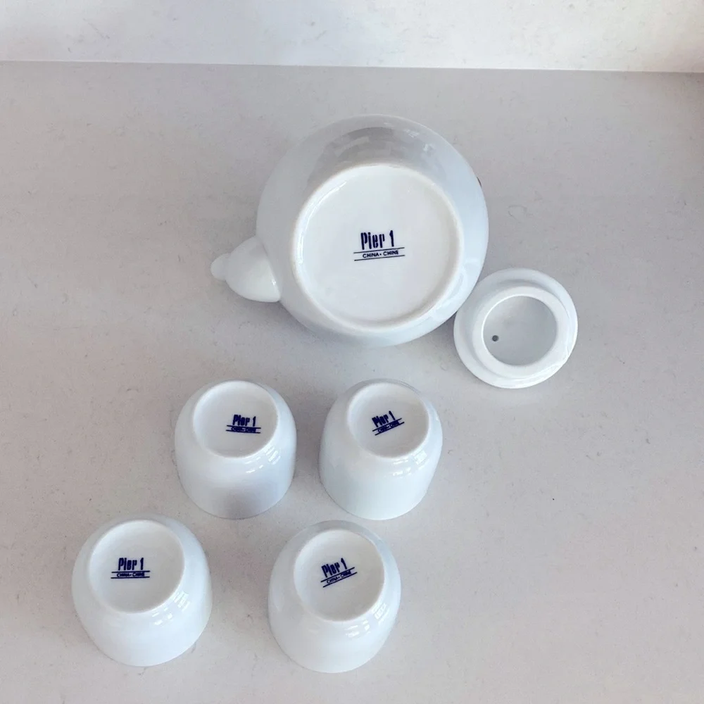 Pier 1 Imports Porcelain Tea Set White China Teapot & 4 Cups Classic Decor Asian